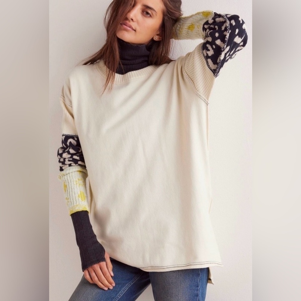 NEW Free People We The Free Tiger Style Cuff Tunic Sweater in Tea Combo Size L